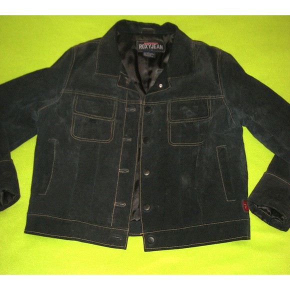 Quicksilver ROXY Suede Leather Navy Coat Jacket Vintage 90s Orginal Bomber Large